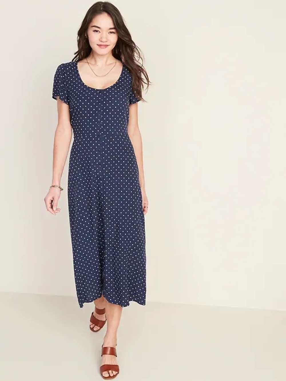Old Navy Women's Medium Navy‎ Blue Polka Dot Dress Stretch Casual Smocked